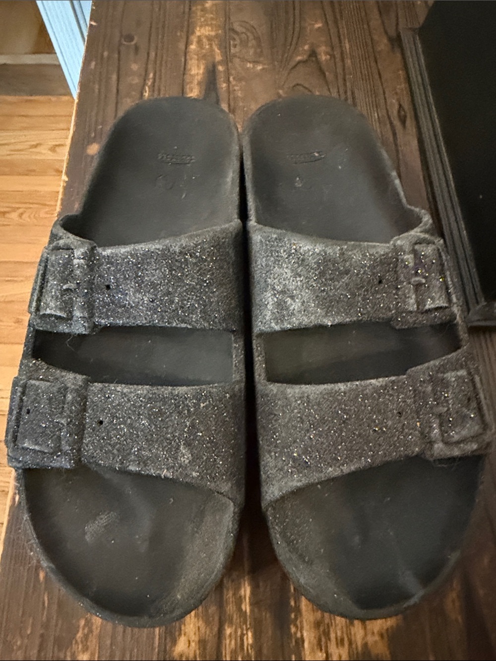 Black Glitter Double-Strap Slide Sandals